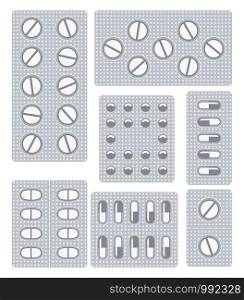 vector set of pills, tablets and capsules in blisters, flat icons, pharmacy and drug symbols on white background