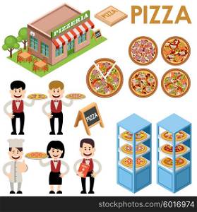 Vector set of pizza. Waiters, building of a pizzeria. Types of pizza on a white background