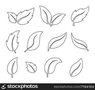 Vector set of plant leaves, thin line, empty outline isolated on white background, flat modern design. Stock illustration