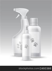 Vector set of plastic bottles for pets hygiene and groomong isolated on background. Vector plastic bottles