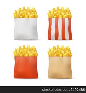 Vector Set of Potatoes French Fries in Red White Striped Craft Paper Package Bags Isolated on background. Fast Food. Vector Set of Potatoes French Fries