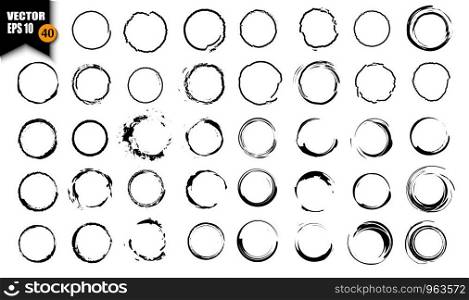 Vector set of processed ink black brushes for creating closed frames of any shape. Collection of monochrome textured grunge painted circular rings. To create frames, borders, dividers, banners.. Vector set of processed ink black brushes for creating closed frames of any shape. Collection of monochrome textured grunge painted circular rings. To create frames, borders, dividers, banners