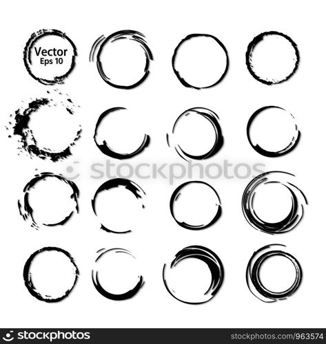 Vector set of processed ink black brushes for creating closed frames of any shape. Collection of monochrome textured grunge painted circular rings. To create frames, borders, dividers, banners.. Vector set of processed ink black brushes for creating closed frames of any shape. Collection of monochrome textured grunge painted circular rings. To create frames, borders, dividers, banners