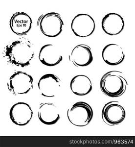 Vector set of processed ink black brushes for creating closed frames of any shape. Collection of monochrome textured grunge painted circular rings. To create frames, borders, dividers, banners.. Vector set of processed ink black brushes for creating closed frames of any shape. Collection of monochrome textured grunge painted circular rings. To create frames, borders, dividers, banners