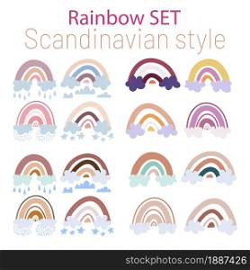 vector set of rainbows in the Scandinavian style with clouds, raindrops in multicolored pastel colors