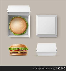 Vector Set of Realistic Empty Blank White Carton Package Box Container for Branding with Hamburger Classic Burger American Cheeseburger Close up Top Side View isolated on white Background. Fast Food. Vector Set of Realistic Container fwith Hamburger