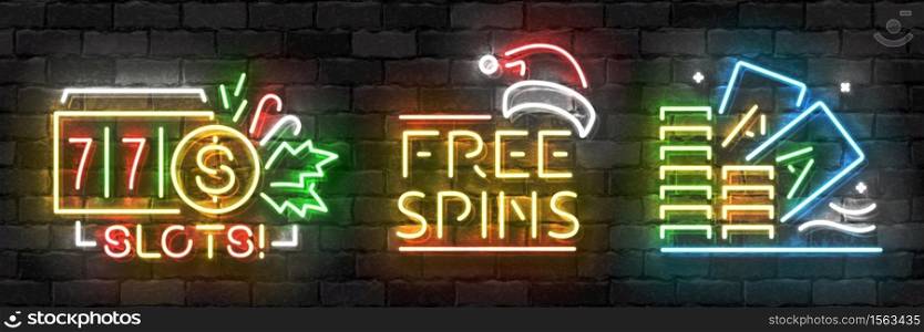 Vector set of realistic isolated neon sign of Christmas Casino logo for decoration and covering on the wall background. Concept of Christmas bonus in casino and free spins.