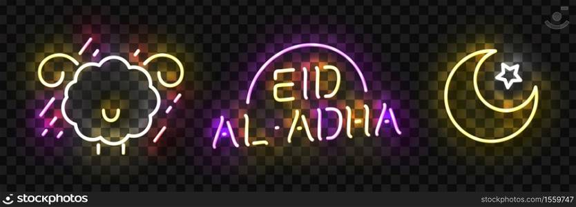 Vector set of realistic isolated neon sign of Eid Al-Adha logo for template decoration and invitation covering on the transparent background.