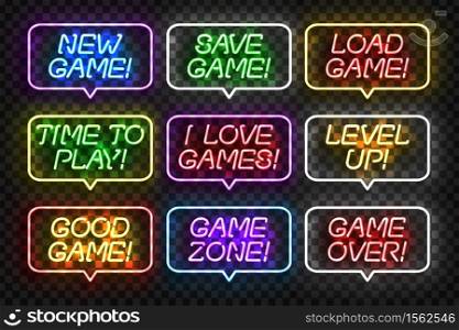 Vector set of realistic isolated neon sign of Game logo for template and layout on the transparent background. Concept of gaming.
