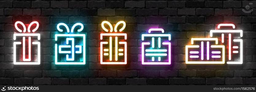 Vector set of realistic isolated neon sign of Gift logo for template decoration and invitation covering on the wall background. Concept of Christmas present, bonus or reward.