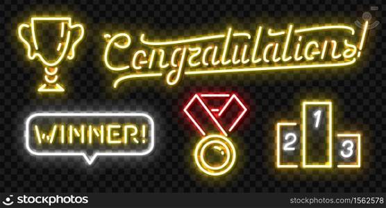 Vector set of realistic isolated neon sign of Winner logo for template decoration and mockup covering on the transparent background.