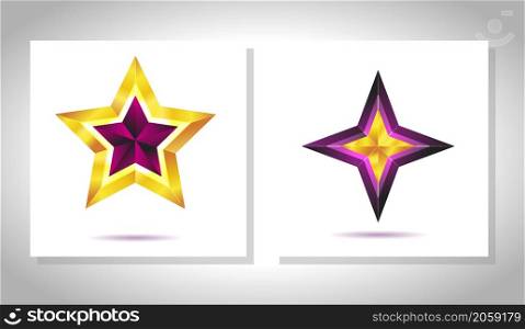 Vector set of realistic metallic golden stars isolated on white background. Glossy yellow 3D trophy star icon. Symbol of leadership.. Vector set of realistic metallic golden stars isolated on white background. Christmas Glossy yellow 3D trophy star icon. Symbol of leadership.