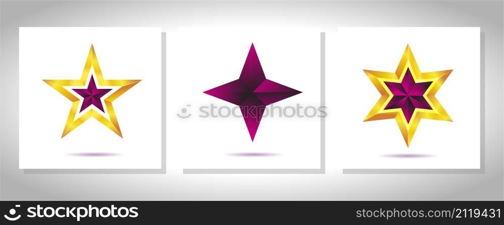 Vector set of realistic metallic golden stars isolated on white background. Glossy yellow 3D trophy star icon. Symbol of leadership.. Vector set of realistic metallic golden stars isolated on white background. Christmas Glossy yellow 3D trophy star icon. Symbol of leadership.