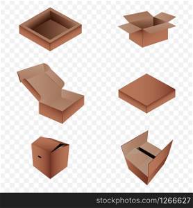 vector set of realistic open and closed boxes in different variations.