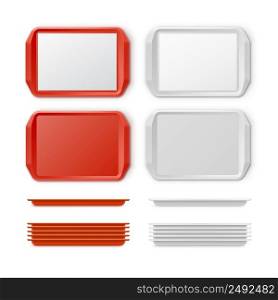 Vector Set of Rectangular Red White Plastic Tray salver with Handles Top View Isolated on Background. Vector Set of Plastic salver