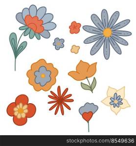 Vector set of retro groovy flowers and stems. Hippie contour clipart with different flowers and leaves isolated from background. Floral old fashioned image for stickers and scrapbooking. Vector set of retro groovy flowers and stems. Hippie contour clipart with different flowers and leaves isolated from background.