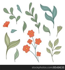 Vector set of retro groovy stems, foliage and small red flower. Cottagecore clipart with different leaves and stalk isolated from background. Retro natural image for stickers and scrapbooking. Vector set of retro groovy stems, foliage and small red flower. Cottagecore clipart with different leaves and stalk isolated from background.