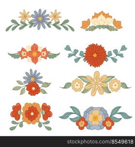 Vector set of retro text delimiters with groovy flowers isolated from background. Collection of hippie divider with various flowers and stems with leaves. Floral separator design element. Vector set of retro text delimiters with groovy flowers isolated from background. Collection of hippie divider