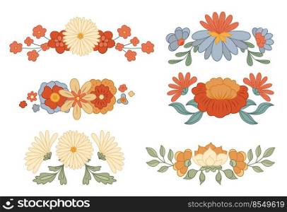 Vector set of retro text delimiters with groovy flowers isolated from background. Collection of hippie divider with various flowers and leaves. Floral separator design element. Vector set of retro text delimiters with groovy flowers isolated from background. Collection of hippie divider with various flowers and leaves.