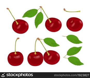 Vector set of ripe red cherries with leaves and stem. Cherries isolated on white background in flat style. Natural healthy food.. set of ripe red cherries with leaves and stem