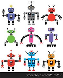 vector set of robots of various shapes and colors