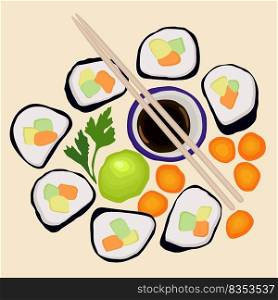 Vector set of rolls, wasabi, carrot pieces, parsley and soy sauce in a cup with chopsticks on light background.