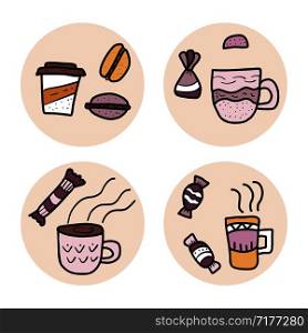 Vector set of round badges with coffww and desserts. Sweets cakes, donuts, candy and others snacks in doodle style isolated on white background.