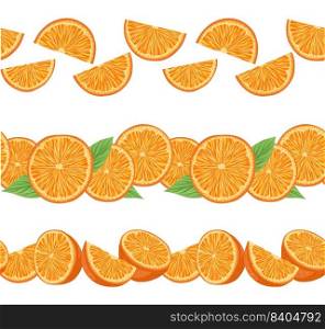 Vector set of seamless borders with orange slices and leaves. Collcetion of horizontal friezes with juicy fruit and foliage. Summer bordures with delicious citrus fruits for frame and brush. Vector set of seamless borders with orange slices and leaves. Collcetion of horizontal friezes with juicy fruit and foliage.