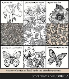 vector set of seamless floral patterns and hand drawn cards with flowers and butterflies