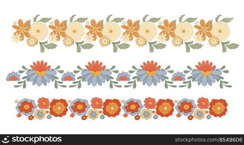 Vector set of seamless retro border with groovy flowers isolated from background. Collection of hippie frame with various flowers. Floral retro frieze for brush and text delimiters. Vector set of seamless retro border with groovy flowers isolated from background. Collection of hippie frame with various flowers.