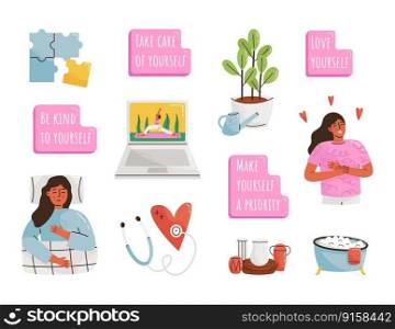 Vector set of self care icons. Love, relaxation, time, slow life concept. Pretty girl or woman hugging herself. Collection of stickers with heart shape elements and inscriptions. Female body health illustration