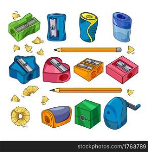 Vector set of sharpeners, pencils and shavings on a white isolated background.