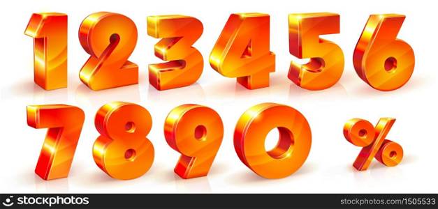 Vector set of shiny orange red numbers 1, 2, 3, 4, 5, 6, 7, 8, 9, 0 signs and percent sign %. suitable for use on advertising banners, posters flyers promotional items Seasonal discounts Black Friday. Set volume shiny numbers and percent sign