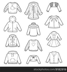 Vector set of shirts, black and white collection of cartoon sweaters, jumpers and coats