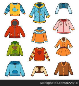 Vector set of shirts, color collection of cartoon sweaters, jumpers and coats