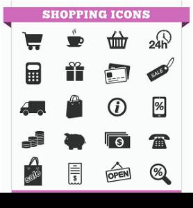 Vector set of shopping and money icons and design elements for web pages, e-commerce store, online shop and retail business services. Illustration on white background.