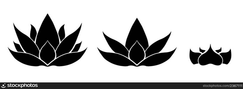 Vector set of silhouette of lotus. kit of black water flower for icon. Natural sacred symbol for spa and yoga logo. Contour lily isolated from background. Vector set of silhouette of lotus. kit of black water flower for icon. Natural sacred symbol for spa and yoga logo.