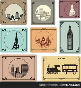 Vector set of silhouettes of cities in retro style