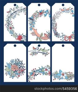 vector set of six tags with floral elements and garlands