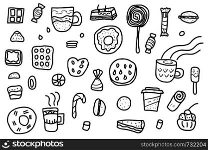 Vector set of sketch desserts. Sweets cakes, donuts, candy and others snacks in doodle style isolated on white background.