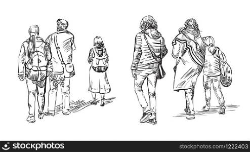 Vector set of sketch hand drawing walking people in black color isolated on white background. Monochrome realistic sketch of tourists. Vector illustration of people. Image for design.