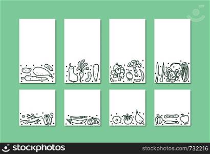 Vector set of social media templates of vegetables. Collection of veg in doodle style. Backgrounds for stories and posts.