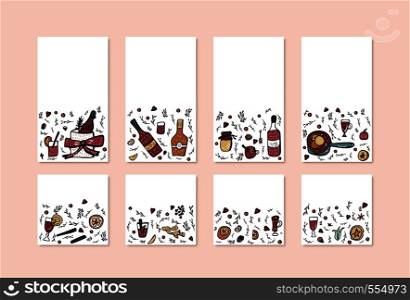 Vector set of social media templates with mulled wine elements and objects. Compositions for networks in doodle style.