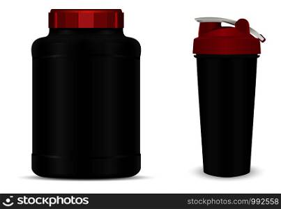 Vector set of sport nutrition container templates with red caps isolated on white background. Realistic black plastic jar, shaker and drink bottles. Sport nutrition container. Plastic jar, shaker