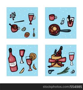 Vector set of square cards with mulled wine ingredients and objects. Composition in doodle style.