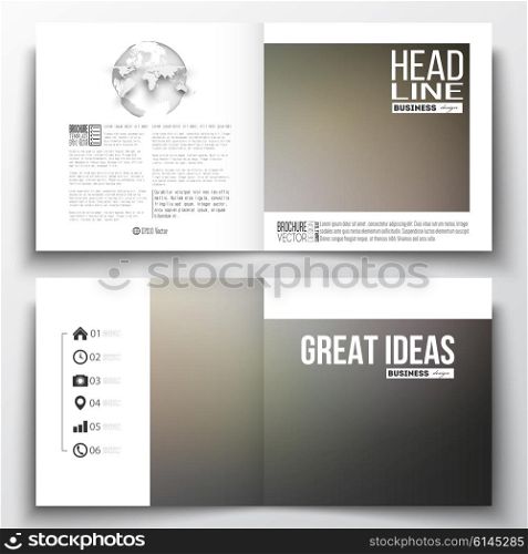 Vector set of square design brochure template. Abstract blurred background, modern stylish dark vector texture.