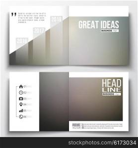 Vector set of square design brochure template. Abstract blurred background, modern stylish dark vector texture.