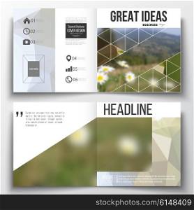 Vector set of square design brochure template. Abstract colorful polygonal backdrop, blurred background, mountain landscape, modern stylish triangle vector texture.