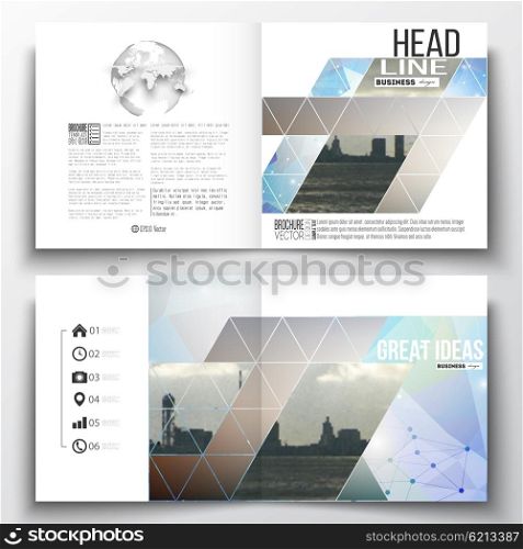 Vector set of square design brochure template. Abstract colorful polygonal backdrop with blurred image, modern stylish triangular vector texture.