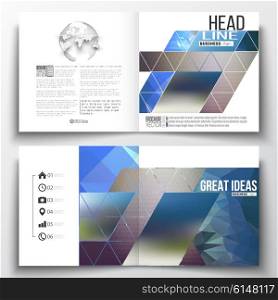 Vector set of square design brochure template. Abstract colorful polygonal background with blurred image on it, modern stylish triangle vector texture.